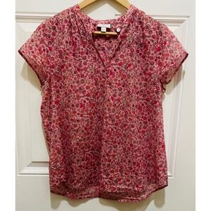J. Jill Floral Print Blouse Top Womens Medium Pink Red Short Sleeve